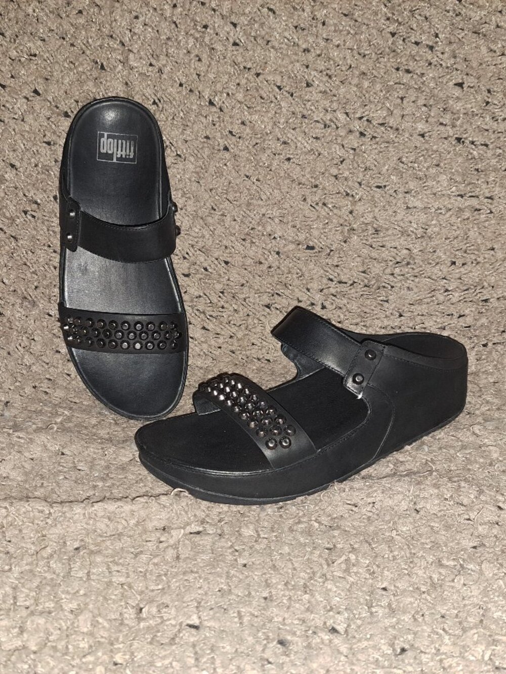 FITFLOP-Amsterdam-Black Studded Leather Slide Sandals-Sz 39/8-Near Mint